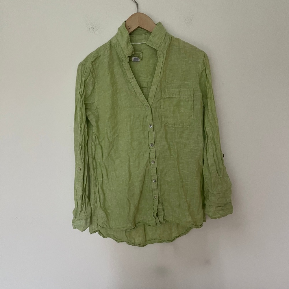 Sigrid Olsen Womens Small Lime Green 100% Linen Button Down Up Roll Sleeve Shirt - Picture 5 of 10
